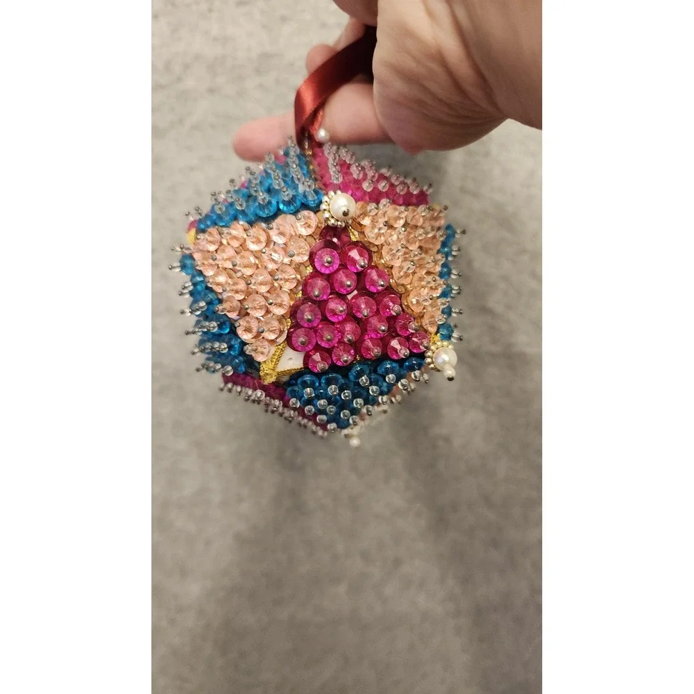 Handmade Beaded Sequin Christmas‎ Ornaments Set 3 Pink Red Multicolor Foam